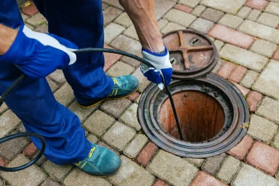 Plumber cleaning an outdoor sewer drain in Castle Rock