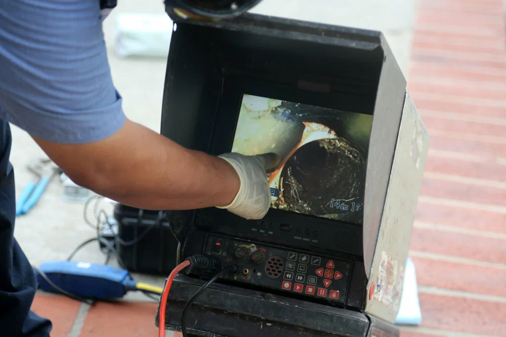 Technician viewing a drain inspection camera in Castle Rock