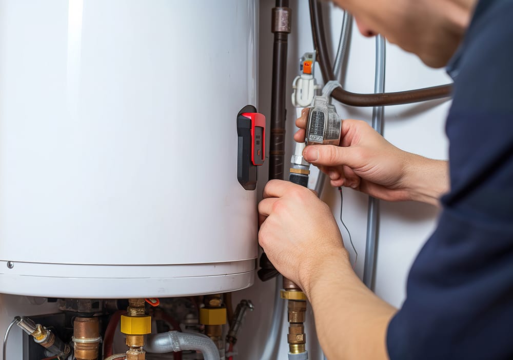 Technician repairing pipes connected to a water heater in Castle Rock